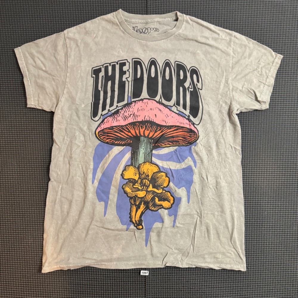 The Doors Mushroom Graphic T-Shirt Tan Double Sided Band Tee Mens Medium